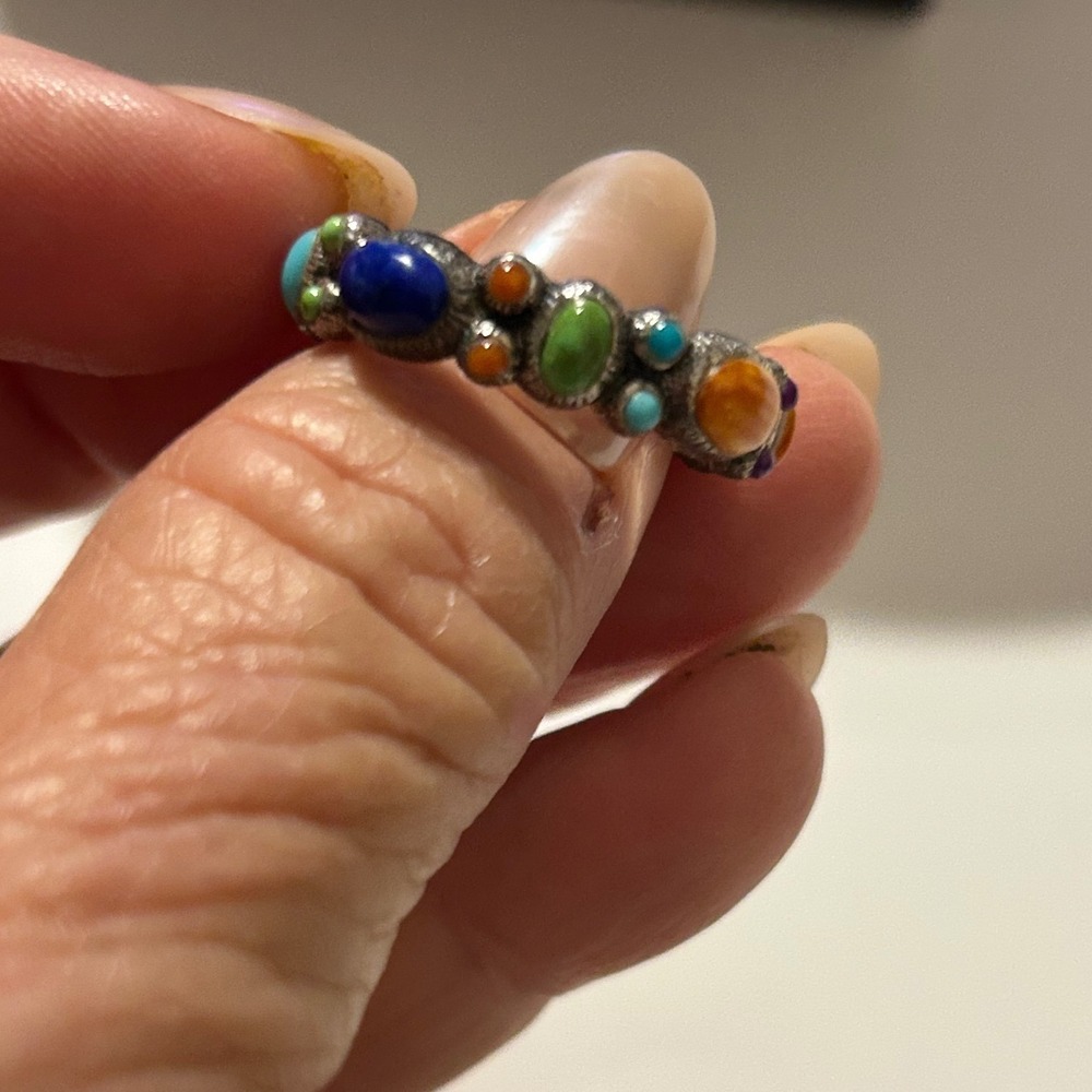 925 Sterling Silver Multi Color Cabochon Gemstone Bohemian Statement Ring Sz 8 - Picture 2 of 6